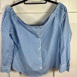 Express Off The Shoulder Striped Button Front Shirt Top Womens Size L Blue White